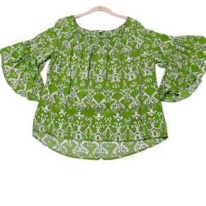 Green & White Abstract Design Cato Top w/Flowy Ruffle Sleeve sz Large
